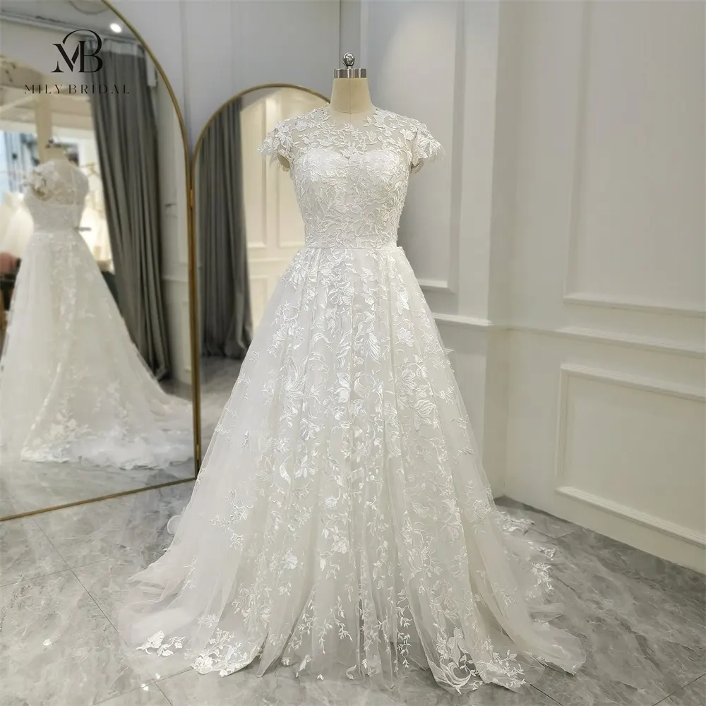 Mily Bridal QW01518 Cap Sleeve Beautiful Bride Dress A-line with Lace Appliqued Sweetheart Floor Length Wedding Dress