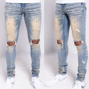 Jeans Ajustados Retro para Hombre, Personalizados, con Lavado a la Moda, Efecto Salpicado de Pintura y Rodillas Desgarradas, Venta al Por Mayor - Product Image 3