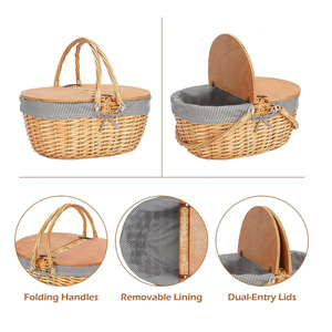 Cesta de picnic de mimbre hecha a mano natural con forro Cesta de picnic con tapa dividida de madera - Product Image 2