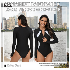 YSMARKET New Solid Long Sleeve Plus Size Women One-piece Swimwear Quick Dry Breathable No Steel Support Korean Style Front Ek801 - Product Image 2