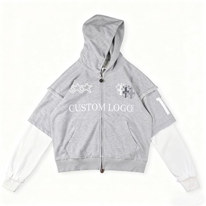 Custom Oversized Grey <b>Short</b> <b>Sleeve</b> Layered Design Distressed Fleece Streetwear <b>Men</b> Women Sport Number Back Zip up <b>Hoodie</b> for <b>Men</b> - Product Image 3