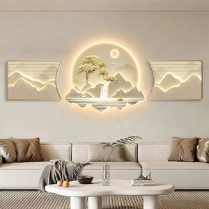 "Acqua che scorre porta ricchezza" - Set di 3 pezzi con cornice in PVC, decorazione in cristallo <span class=keywords><strong>e</strong></span> porcellana, paesaggio astratto moderno, arte da parete a LED - Product Image 1