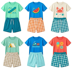 Boys Girls Summer Stocklot Sets Casual Crew Neck Short Sleeve Cotton Top and Shorts <b>Mixed</b> Colors Patterns 3-6Y - Product Image 2