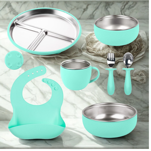 Non-Slip #304 <span class=keywords><strong>Stainless</strong></span> <span class=keywords><strong>Steel</strong></span> Silicone Baby Feeding Set Com Sucção Dividido Placa <span class=keywords><strong>Bowl</strong></span> Spoon Fork Bibs para Infantil - Product Image 2