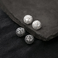 Perles d'espacement creuses en argent sterling 925 thaïlandais, style rétro, 10 mm, fleurs gravées, perles rondes à sertir, fabrication artisanale, accessoires de bijoux pour bracelet