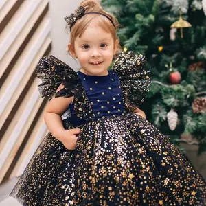 2022 baby girls sequin star lace party dress children fly s;eeve lace party dress children bow halloween dresses