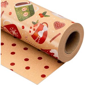 Christmas Wrapping Paper Roll Reversible Kraft Holiday <b>Mugs</b> Design 46.8 Square Feet Gift Craft Packaging - Product Image 1
