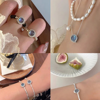 Set Perhiasan Wanita Cincin, Gelang & Kalung Mutiara Air Tawar Aquamarine, Tembaga & Perak Sterling, Gaya Mewah Ringan