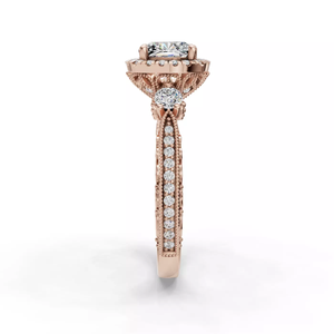 14K Rose Gold <b>cushion</b> Cut Lab Grown Diamond Engagement <b>Ring</b> Intricate Filigree Detailing Side Stone Elegant Halo IGI Jewelry - Product Image 3