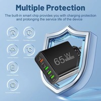 Cargador Rápido Multipuerto de 65W, Adaptador de Pared con 6 Puertos USB C PD, Enchufe para EE. UU., UE y Reino Unido, Voltaje Global, Cargador de Alta Calidad para iPhone y Samsung