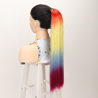 Perruque en fibres chimiques de style droit à 9 brins de 24 pouces avec tresse dorée longue queue de cheval perruque droite avec anneau de cheveux de couleur sale