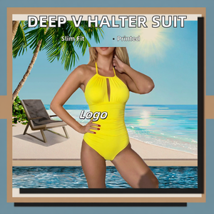 Maillot de bain une pièce push-up pour femme, couleur unie, avec jupe, décolleté triangulaire en V profond, dos nu, logo à la taille, tissu respirant - Product Image 3