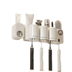 <b>Toothbrush</b> <b>Holder</b> Multi Functional <b>Wall</b> <b>Mounted</b> Toothpaste Squeezer Cup Rack No Drill Space Saving Minimalist Design - Product Image 2
