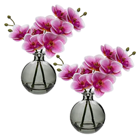 Susunan Anggrek Pink Kecil Buatan dalam Vas Kaca Hitam Set 2 Bunga Anggrek Phalaenopsis Real Touch Dekorasi Meja Makan