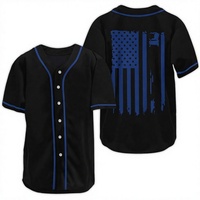Jersey Baseball Hitam Lengan Pendek Kancing Depan Dengan Cetakan Bendera Biru di Belakang Pakaian Olahraga Pria Regular Fit