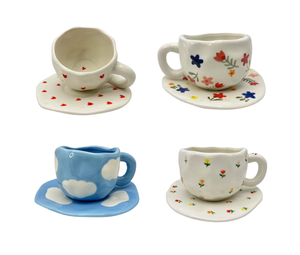 Classic Retro Ins Flower Pink Ceramic Tea Cup and Saucer Set Hand-Kneaded Asymmetrical Dessert Bowl and Mug for Coffee and Tea - Product Image 4