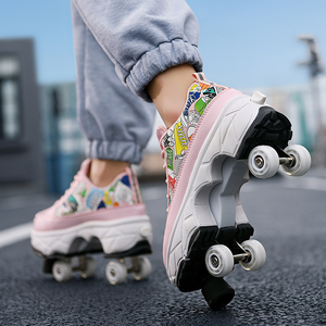 Scarpe da Pattinaggio Personalizzate <span class=keywords><strong>2</strong></span>-<span class=keywords><strong>in</strong></span>-<span class=keywords><strong>1</strong></span> Convertibili <span class=keywords><strong>in</strong></span> Sneakers con 4 Ruote, <span class=keywords><strong>Pattini</strong></span> Quad Rosa Graffiti per Bambini e Adulti - Product Image 1