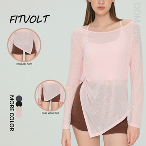 FITVOLT <span class=keywords><strong>Camiseta</strong></span> Deportiva Transpirable de Secado Rápido con Cuello Redondo, Elástica en Cuatro Direcciones, de Poliéster/Algodón, para Yoga, Pilates, Fitness, Holgada y Larga - Product Image 1