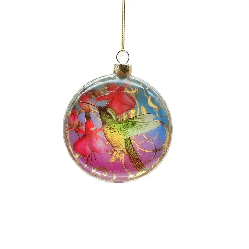 Ornamento a sfera rotonda piatta in vetro per decorazioni natalizie con colibrì e fiore