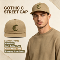 Casquette de baseball kaki gothique à broderie C, visière plate, en coton et cuir, avec broderie de lettres sur la couronne, style streetwear pour homme, usage quotidien urbain