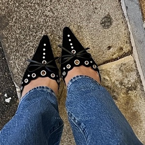 2023 nouveau Style daim nœud <span class=keywords><strong>creux</strong></span> pointu talons hauts sandales <span class=keywords><strong>pour</strong></span> femmes bride à la <span class=keywords><strong>cheville</strong></span> glisser Mules-<span class=keywords><strong>pour</strong></span> l'été - Product Image 2