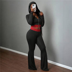 Dantel Patchwork kadın sonbahar iki 2 parça Set uzun kollu fermuar kapşonlu ceketler kırpma üst + pantolon rahat takım elbise - Product Image 2