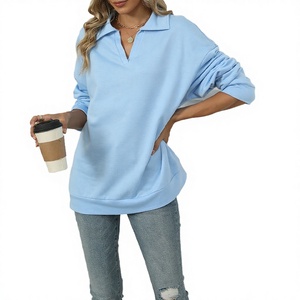 Sudadera de punto para mujer con logo personalizado de fábrica, transpirable, informal, de otoño, de color liso, con solapa y manga larga, de corte holgado. - Product Image 2