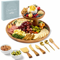 Ensemble de plateau à charcuterie, plateau rond en acacia pour servir le fromage avec accessoires, idéal pour les cadeaux de déménagement