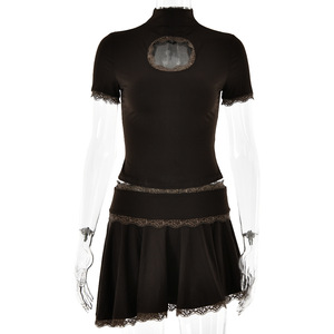 Ensemble haut et jupe à manches courtes en dentelle pour femmes, costume deux pièces décontracté en satin marron FDC0787 - Product Image 5