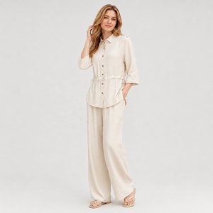 Ensemble 2 pièces pour femmes, chemise boutonnée et pantalon large, tenue décontractée pour la plage et les vacances - Product Image 2
