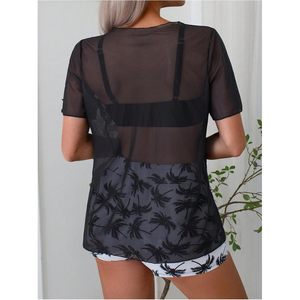 Traje de baño de 3 piezas para mujer con estampado de árboles, bikini de cintura alta con camiseta de malla y pantalones cortos - Product Image 2