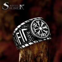 Cincin Kompas Amulet Rune Viking Baja Anti Karat Desain Unik SS8-1194R, Perhiasan Klasik untuk Pria, Hadiah