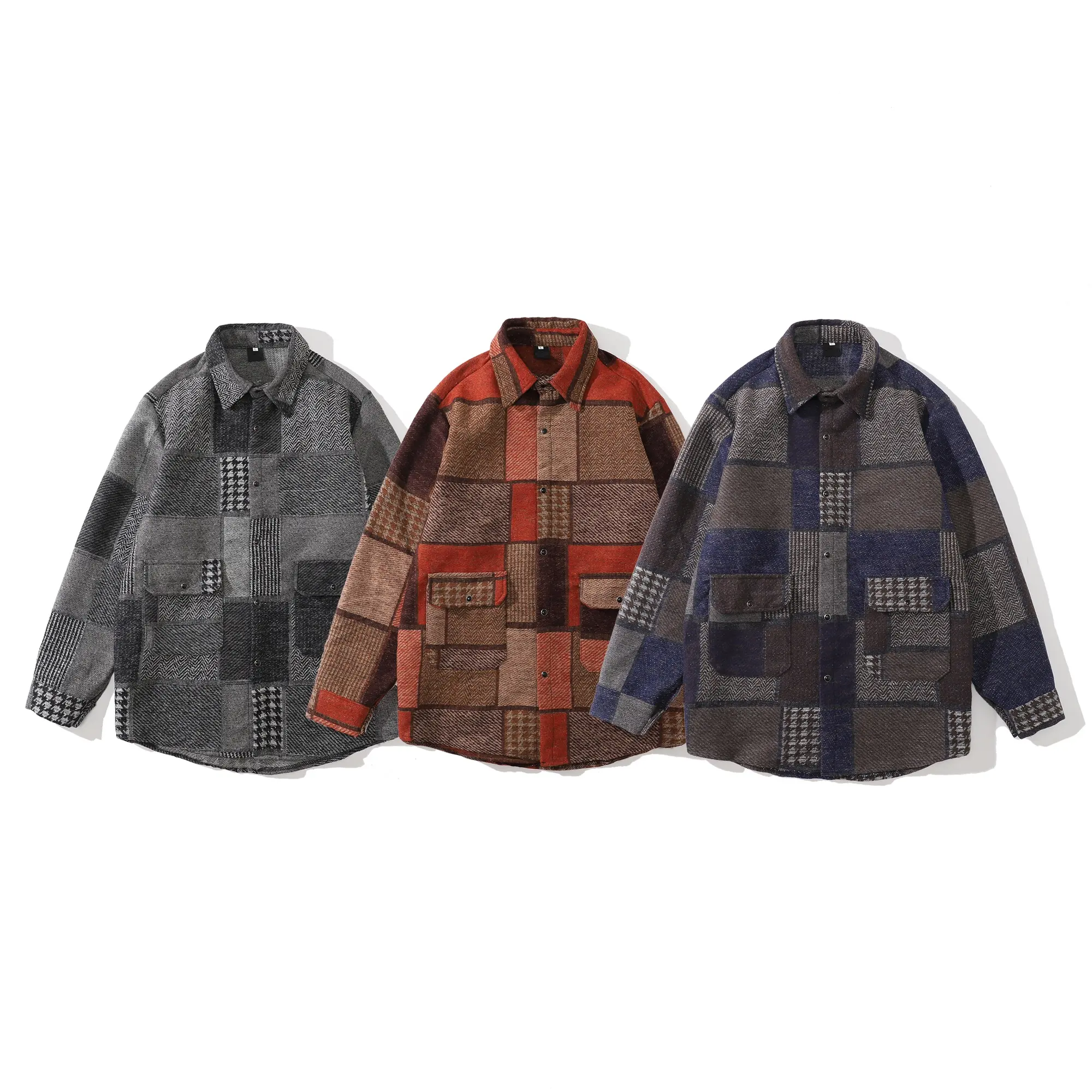 Wholesale Vintage Street Wear Color Block Thick Fleece Flannel Men's Shirts