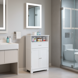 Modern White Freestanding Bathroom Vanity <b>Cabinet</b> <b>Small</b> Size With Adjustable Shelf Medicine <b>Storage</b> Furniture - Product Image 2