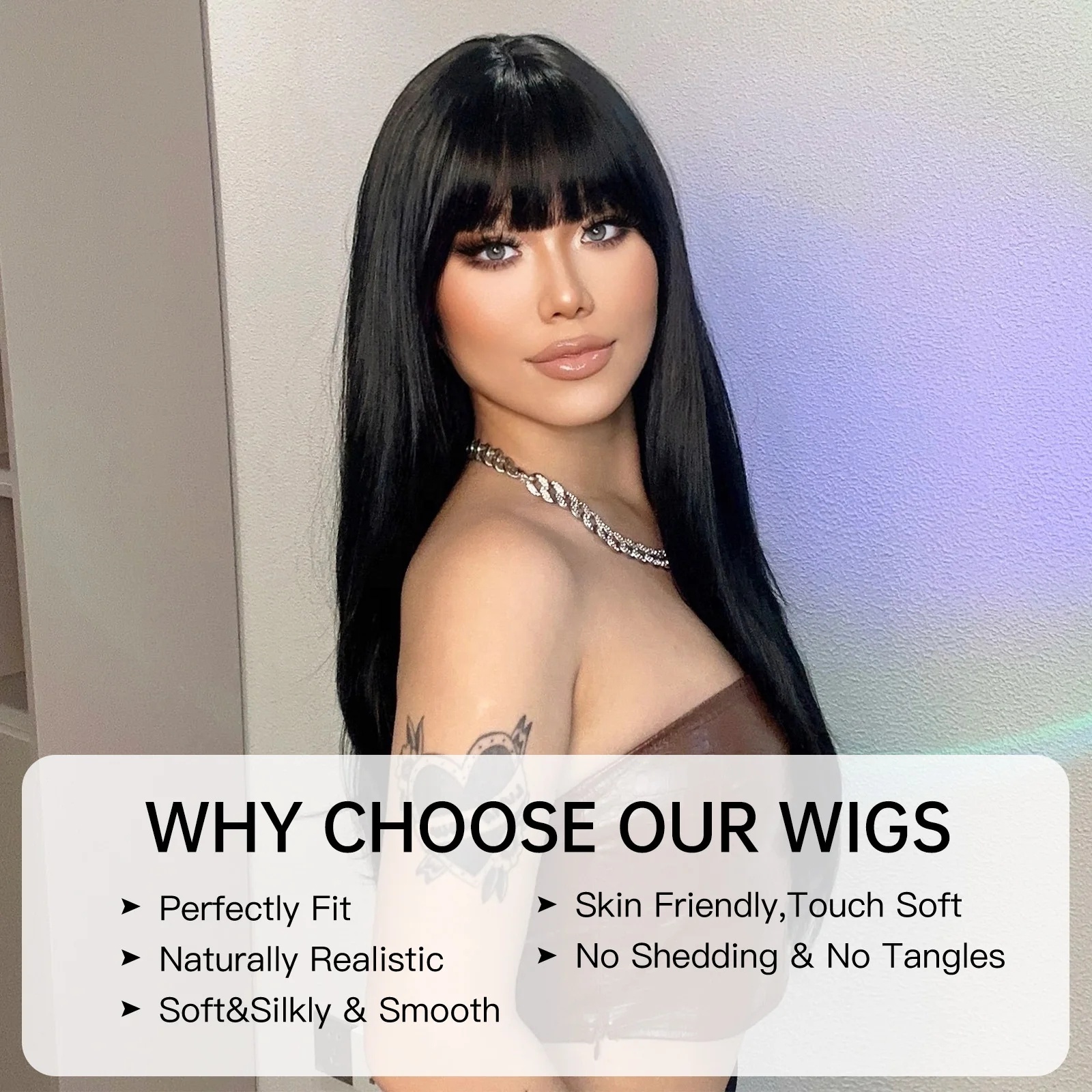 Natural Straight Layered Wig with Bangs Heat Resistant Synthetic Hair Blonde Highlight Long Layered Wig with Bangs,Straight Hair  main image 2