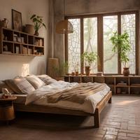 AJJ-M85 Muebles de Estilo Wabi-Sabi para Casa de Huéspedes, Muebles de Diseño de Madera Sólida para Resort, Cama Doble de Madera