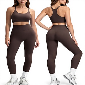 Women Seamless Sports Bra And <b>Leggings</b> Set <b>Brown</b> Racerback Scoop Neck High Waist Yoga Fitness Activewear Medium Support - Product Image 1