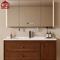 Meubles de salle de bain personnalisables en bois de noyer, durables, en bois massif, vente en gros, miroir LED anti-buée avec rangement