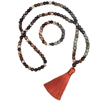 Nouvel ensemble unisexe transfrontalier de bracelet et collier en fer à 108 perles, avec pierres scintillantes et turquoise, à brins mélangés et longues pampilles