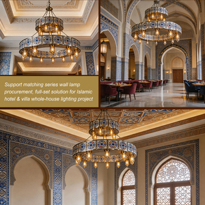 Lampadario a sospensione LED rotondo a due livelli in metallo vintage, personalizzato per ingegneria architettonica di moschee, con mosaico islamico, grande per Masjid - Product Image 3