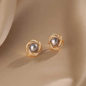 Pendientes de Perlas Naturales 1614 para Mujer, Diseño de Flor Envuelta en Circonita - Product Image 1