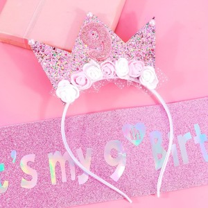 Compleanno fiore principessa corona ragazza fascia e fascia glitterata Set per la ragazza decorazioni di compleanno per la ragazza Happy Birthday Girl - Product Image 2