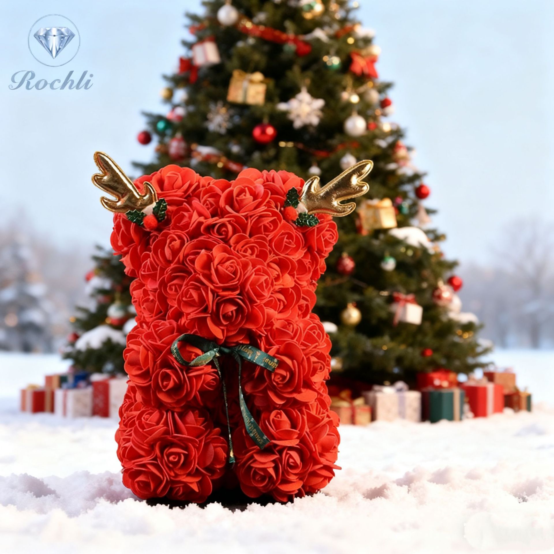 [Antler Collection] 25cm Rose Bear Christmas Set+Handbag+Light