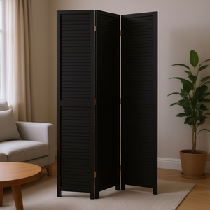 Paravent en bois massif à 3 panneaux, design minimaliste pliable noir - Product Image 2