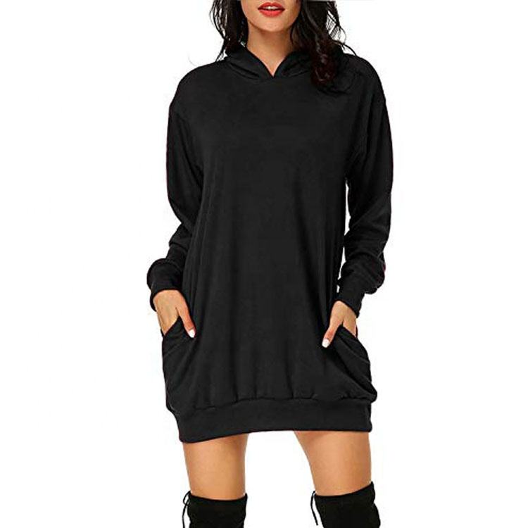 Sudadera con capucha para mujer, vestido largo liso de Color negro - Main Image