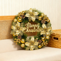 Karangan Bunga Natal Plastik Emas 40cm dengan Hiasan Kerucut Pinus, Bola-bola, & Poinsettia untuk Dekorasi Gantung Pintu Amerika