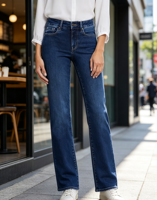 Jean en denim respirant pour femme, coupe droite, délavage foncé, taille mi-haute, 100 % coton, personnalisable, OEM, vente en gros