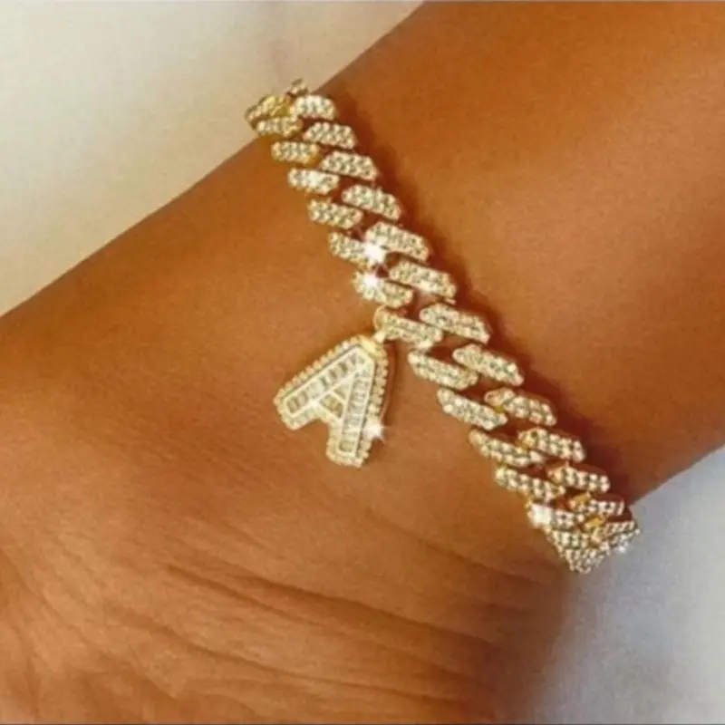 Custom BLING DIY Stitching Baguette Diamonds Initial CZ Cuban Chain Anklet