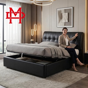 Multifunctioneel modern opbergbedframe met grote laden onder het <span class=keywords><strong>bed</strong></span>, hoofdbord van echt leer, stevige constructie - Product Image 1