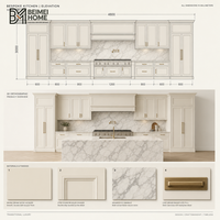 Meubles de cuisine BEIMEI American Step Down Shaker Cream, îlot cascade en marbre Arabescato, menuiseries sur mesure pour villa